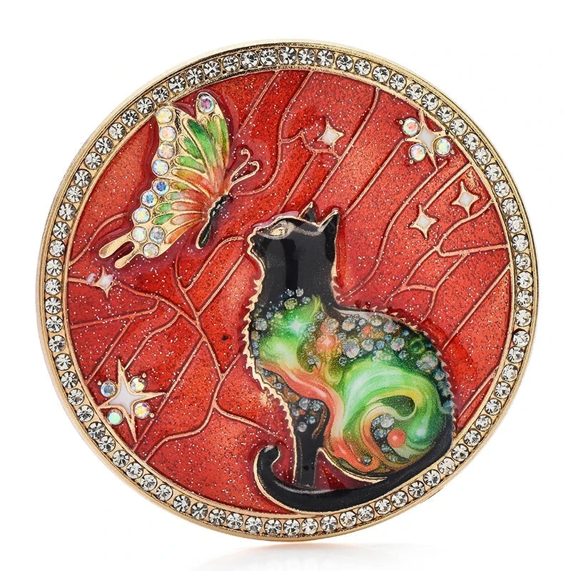 Cat and Butterfly Celestial Medallion Brooch — Red