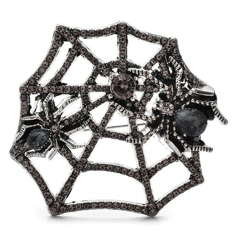 Spider on Rhinestone Web Brooch — Black