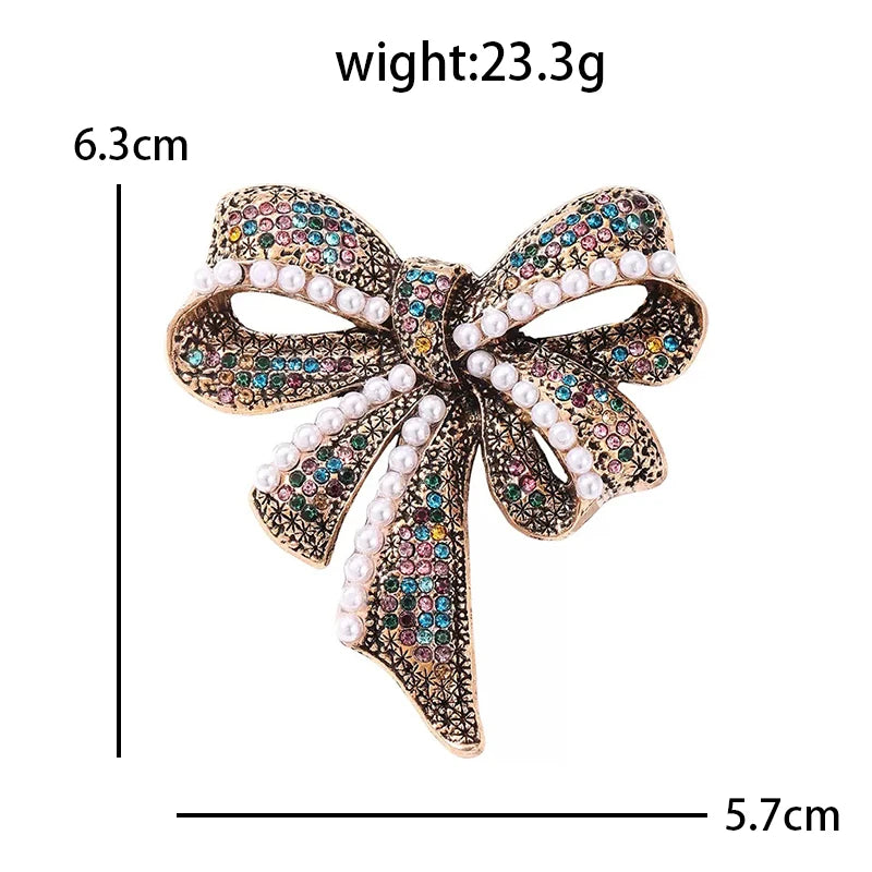 Vintage-Style Rhinestone Bow with Pearl-Look Beads Brooch — dimensions