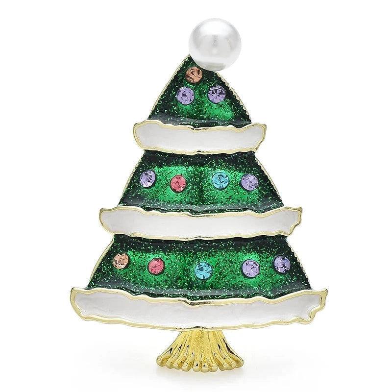 Snow-Edged Green Christmas Tree Brooch — Green