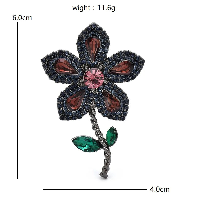 Rhinestone Flower with Green Leaves Brooch — dimensions