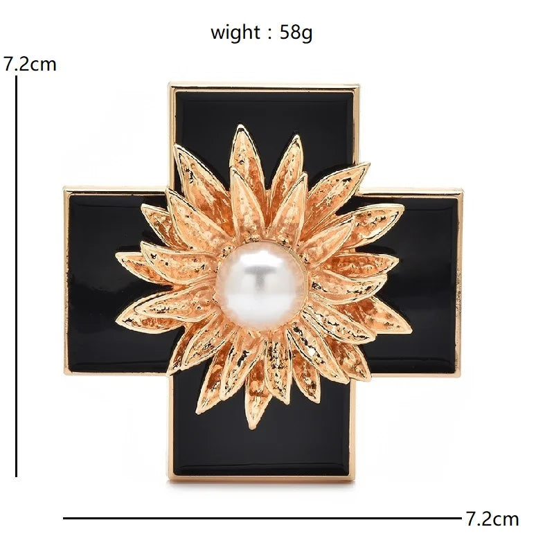Baroque Enamel Cross with Pearl-Look Flower Brooch — dimensions