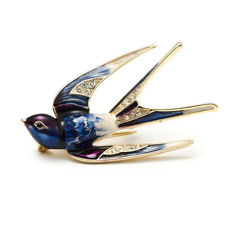 Patterned Enamel Flying Swallow Brooch — Blue & Gold