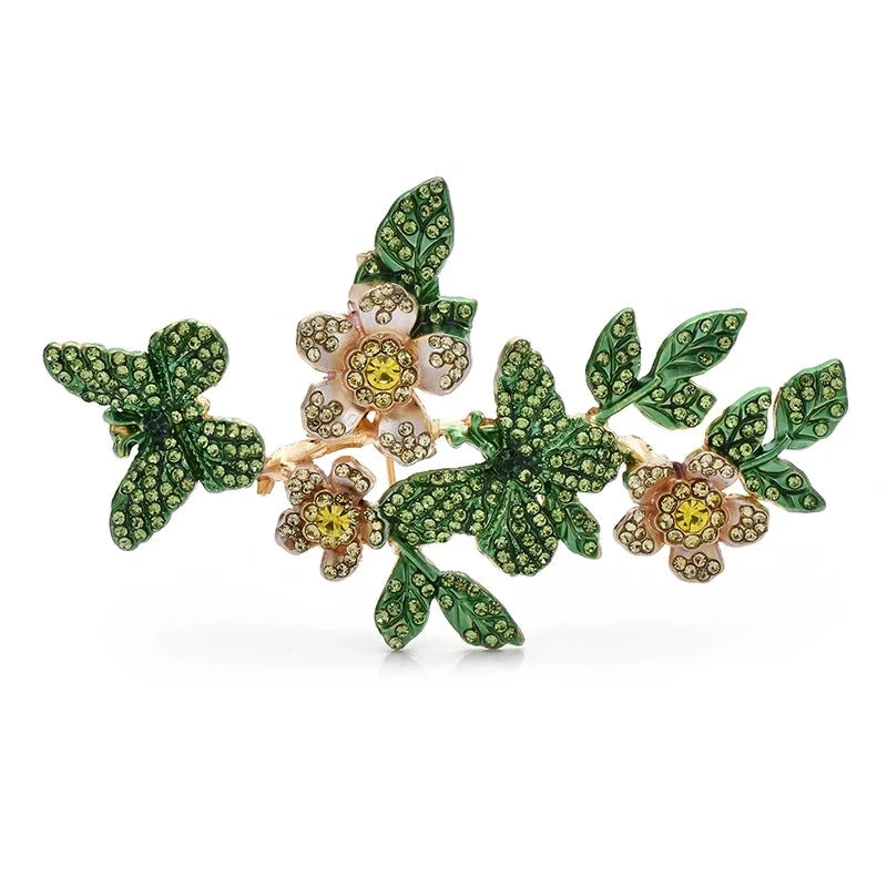 Rhinestone Butterfly and Flower Branch Brooch — Green