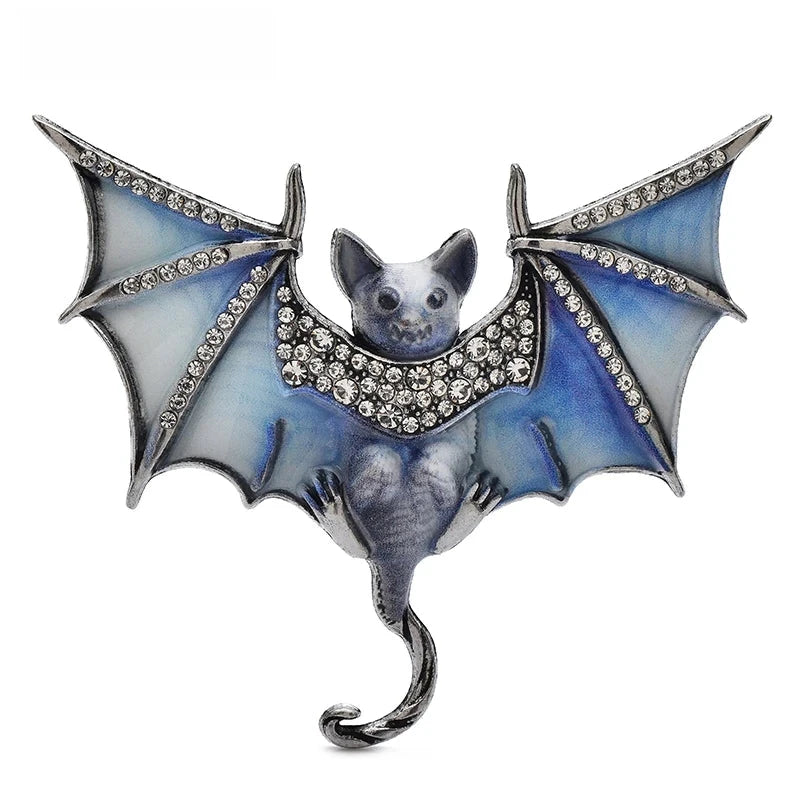 Patterned Enamel Bat with Rhinestones Brooch — Blue