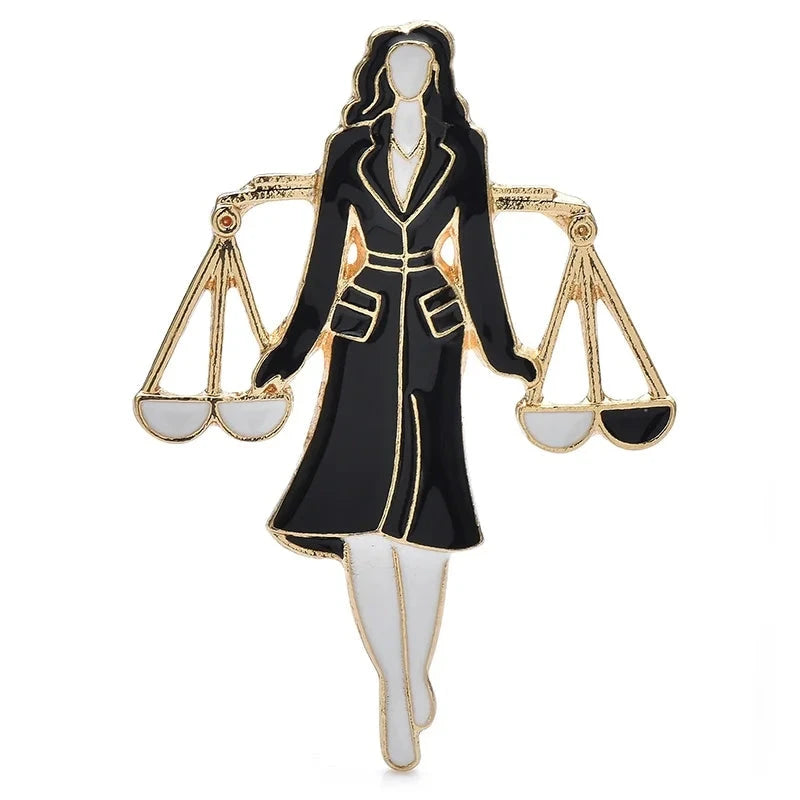 Libra Zodiac Lady with Scales Brooch — Black & Gold