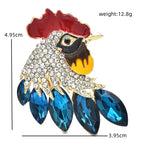 Rhinestone Rooster Head with Faceted Feathers Brooch — dimensions