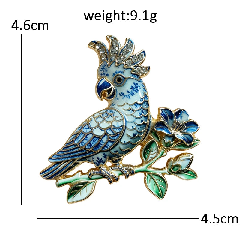 Crested Parrot on Flowering Branch Brooch