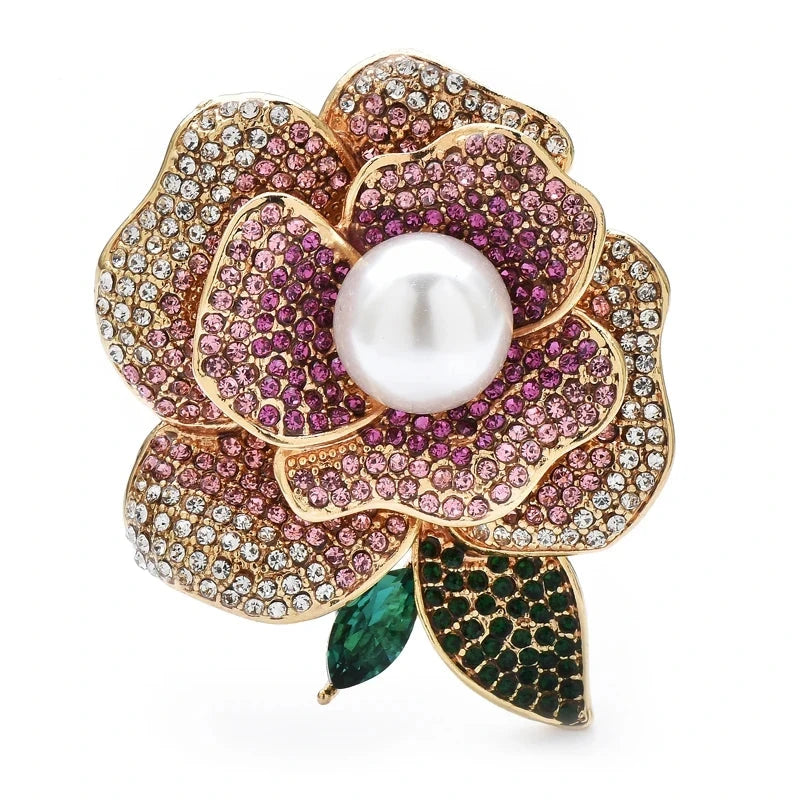 Rhinestone Rose with Pearl-Look Center Brooch — Pink