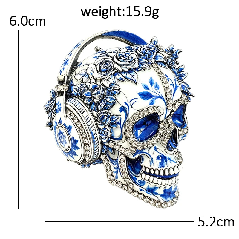 Floral Sugar Skull with Headphones Brooch