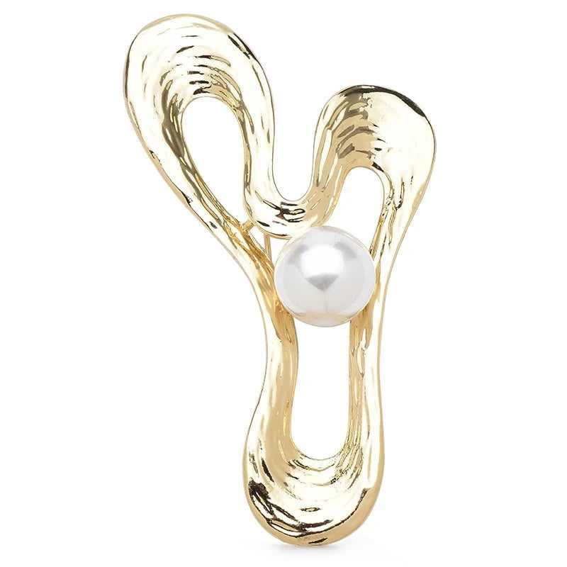 Sculptural Looped Ribbon with Pearl-Look Center Brooch — Gold