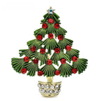 Enamel Christmas Tree in Jeweled Pot Brooch — Red