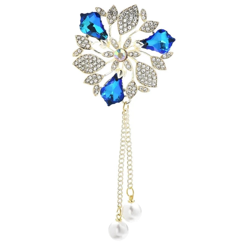 Faceted Flower with Pearl-Look Chain Tassels Brooch — Blue