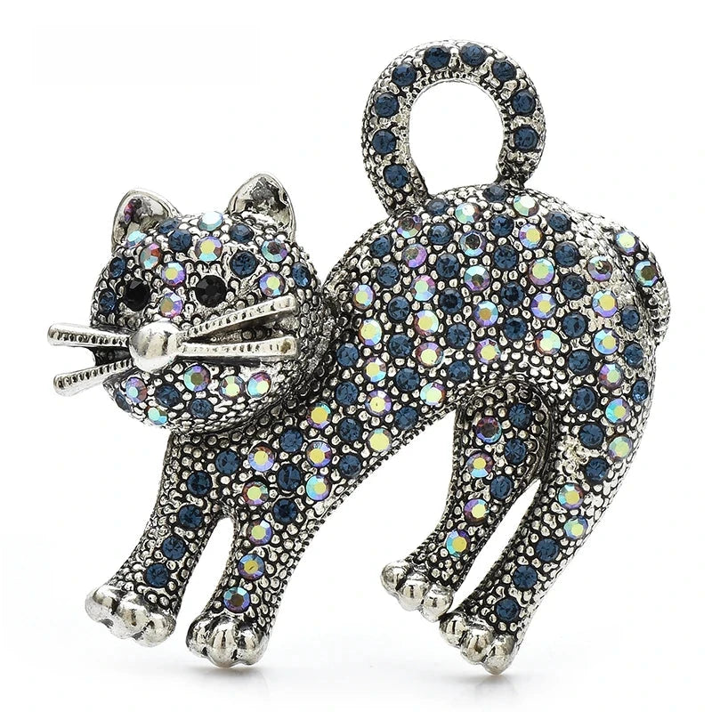 Arched-Back Rhinestone Cat Brooch — Blue