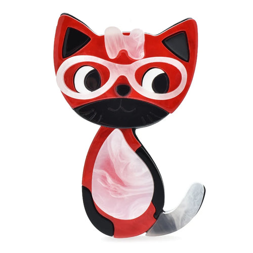 Acrylic Cat with Glasses and Bow Brooch — Red