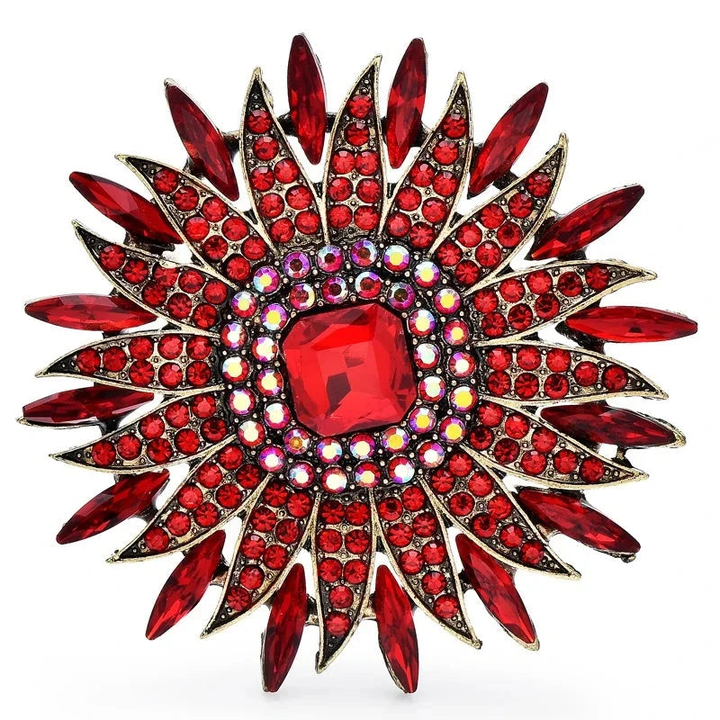 Radiant Rhinestone Sunburst Brooch — Red