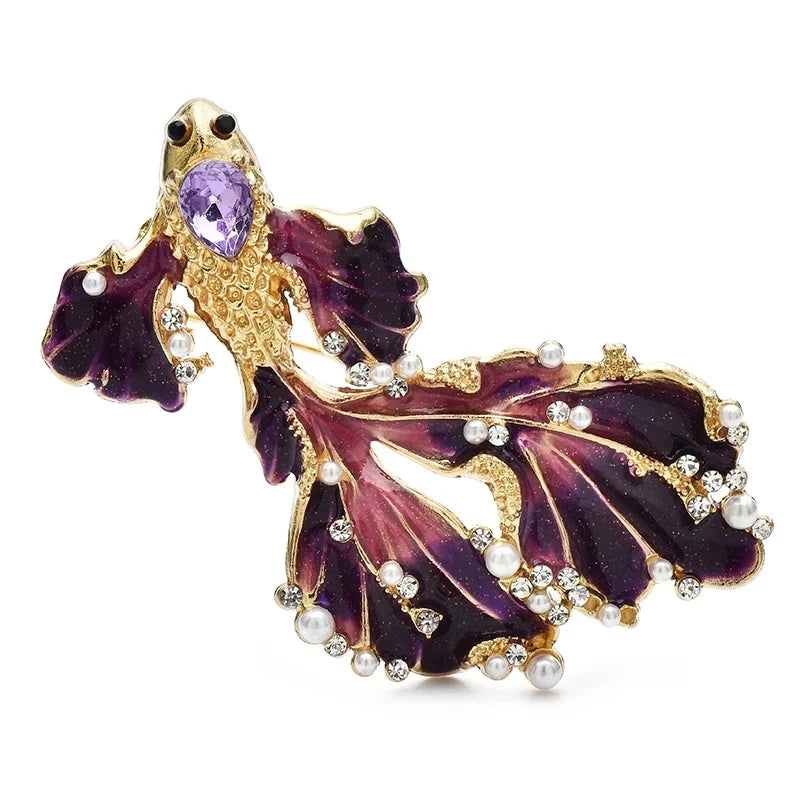 Long-Tailed Enamel Goldfish Brooch — Purple
