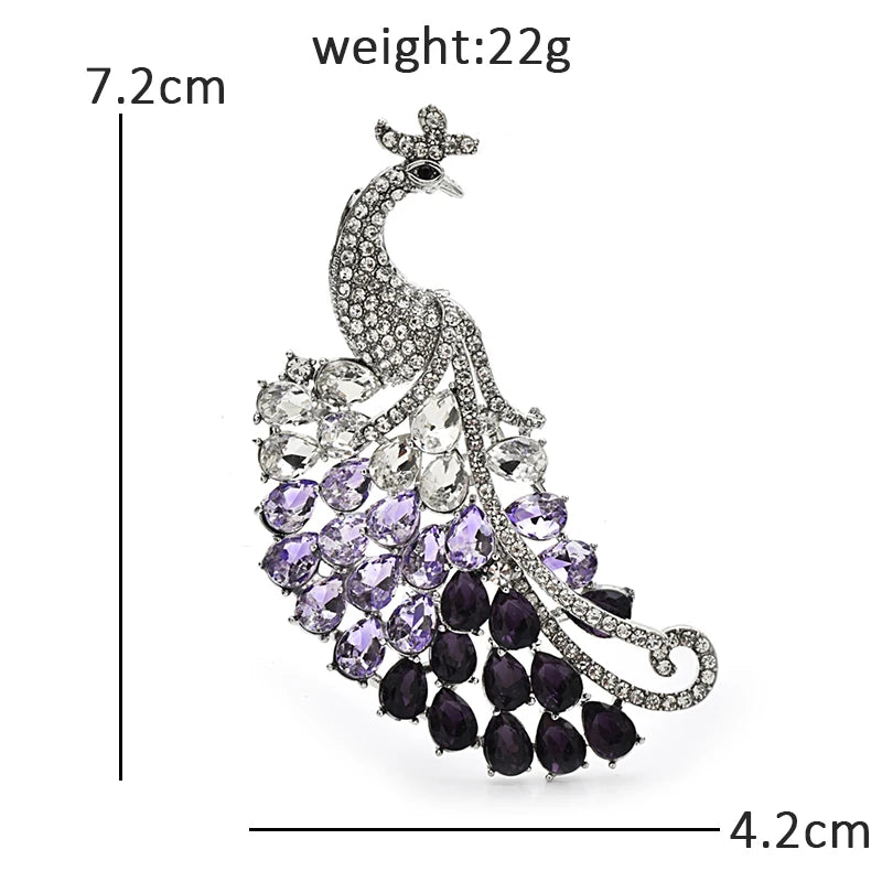 Purple Faceted Peacock with Sweeping Tail Brooch — dimensions