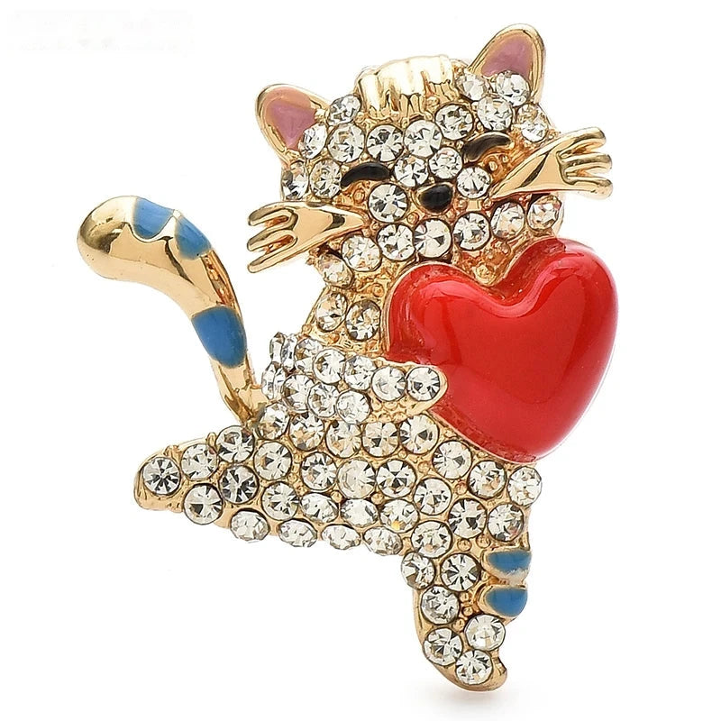 Sparkling Cat Holding a Red Heart Brooch