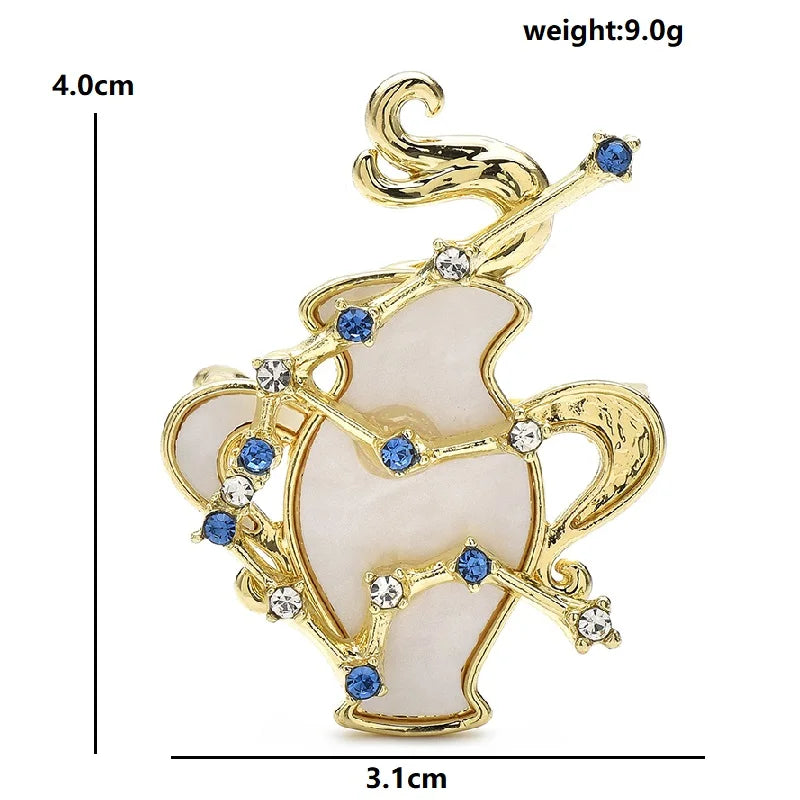 Aquarius Zodiac with Blue Star Accents Brooch — dimensions