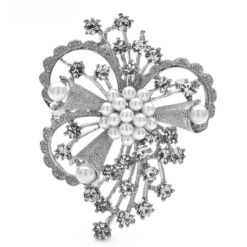 Openwork Flower with Pearl-Look Cluster Brooch — Silver
