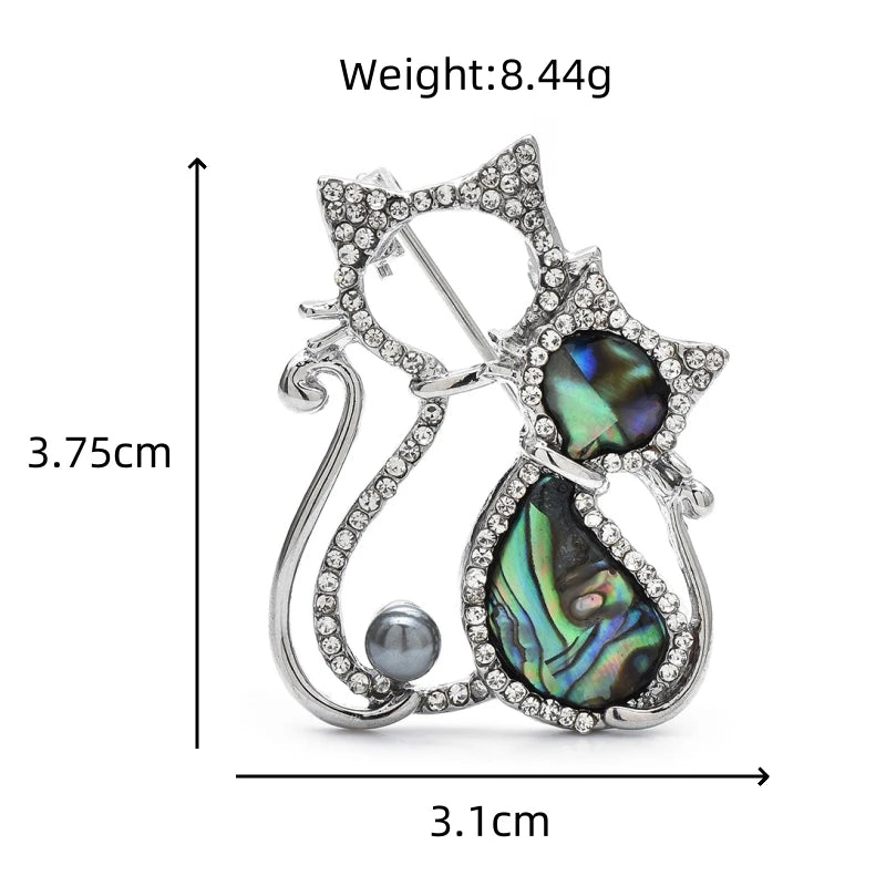Rhinestone Cat Pair with Abalone-Look Insets Brooch — dimensions