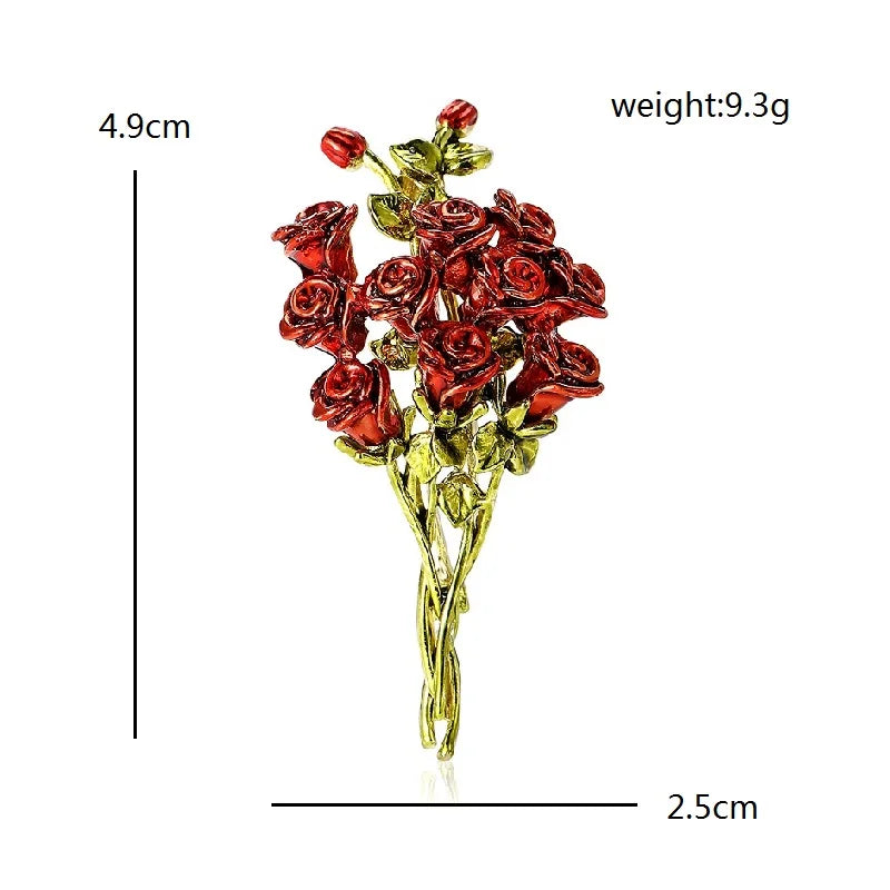 Red Enamel Rose Spray with Rhinestones Brooch — dimensions