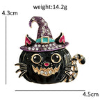 Halloween Pumpkin Cat in Witch Hat Brooch