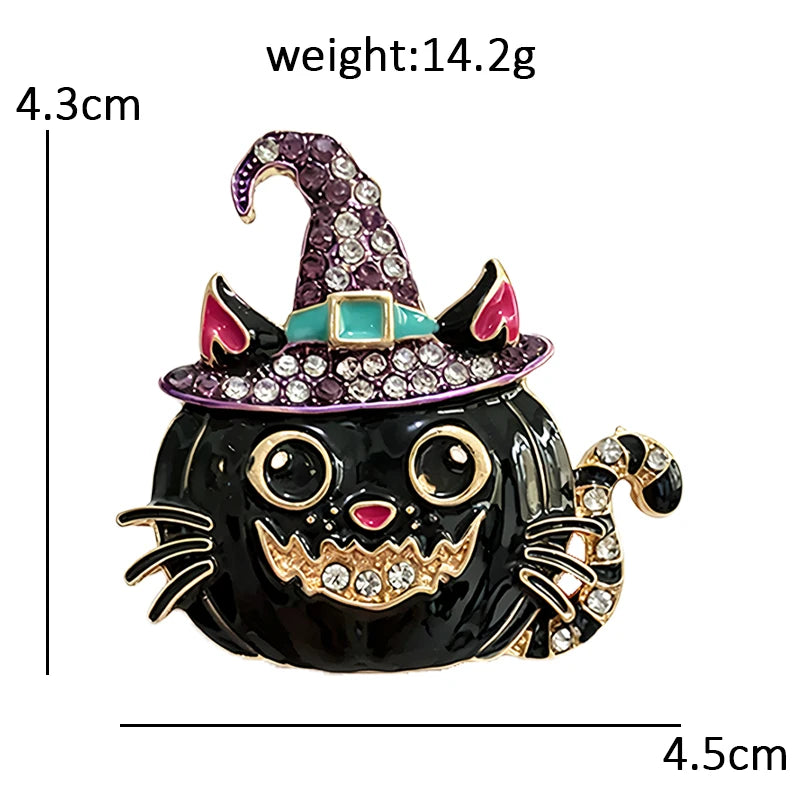Halloween Pumpkin Cat in Witch Hat Brooch
