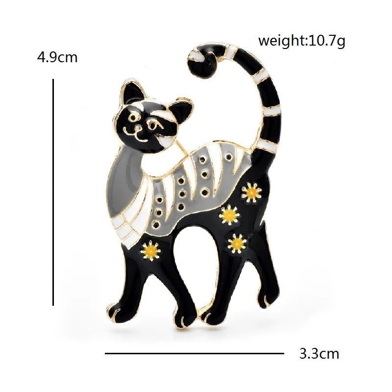 Enamel Cat with Floral Pattern Brooch — dimensions