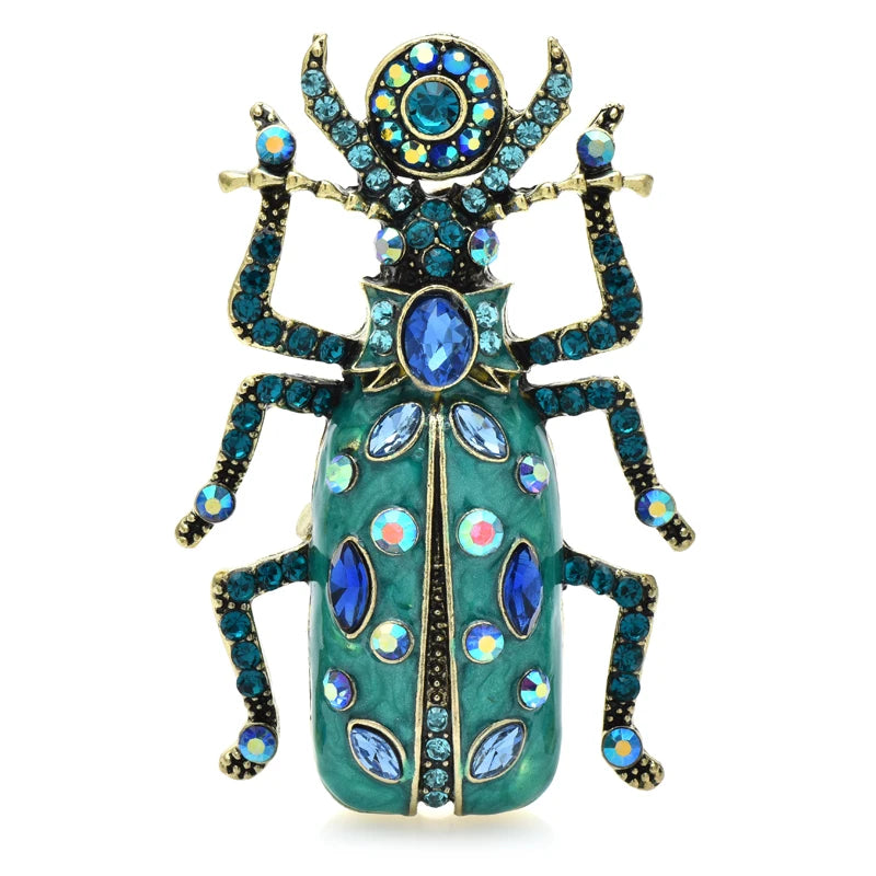 Ornate Enamel Beetle with Faceted Accents Brooch — Light Blue