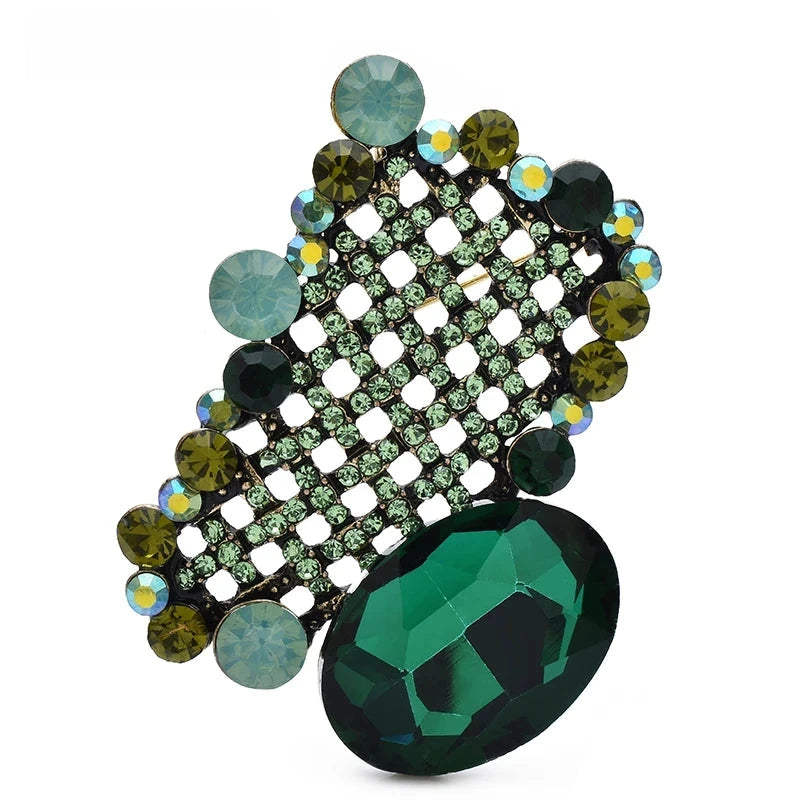 Jeweled Lattice with Faceted Oval Brooch — Green