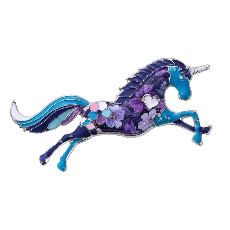 Floral Enamel Galloping Unicorn Brooch — Blue