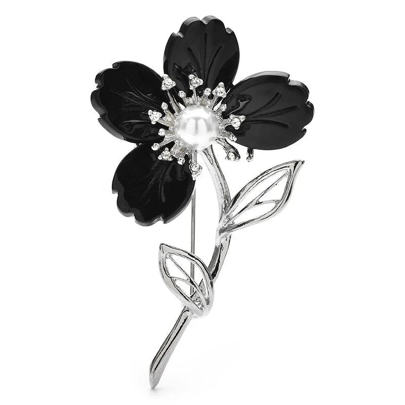 Pearl-Look Flower on Twisted Stem Brooch — Black