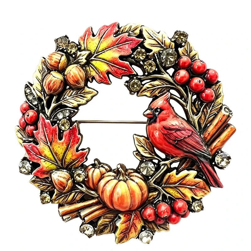 Cardinal and Harvest Wreath Brooch original white background variant photo
