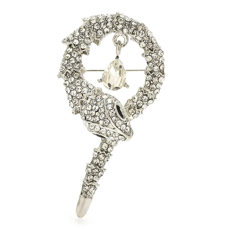 Coiled Rhinestone Snake Brooch — Silver