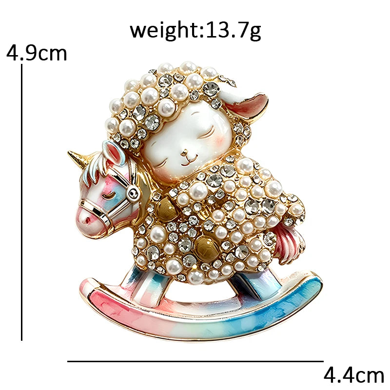 Pearl-Look-Accent Lamb on Rocking Horse Brooch