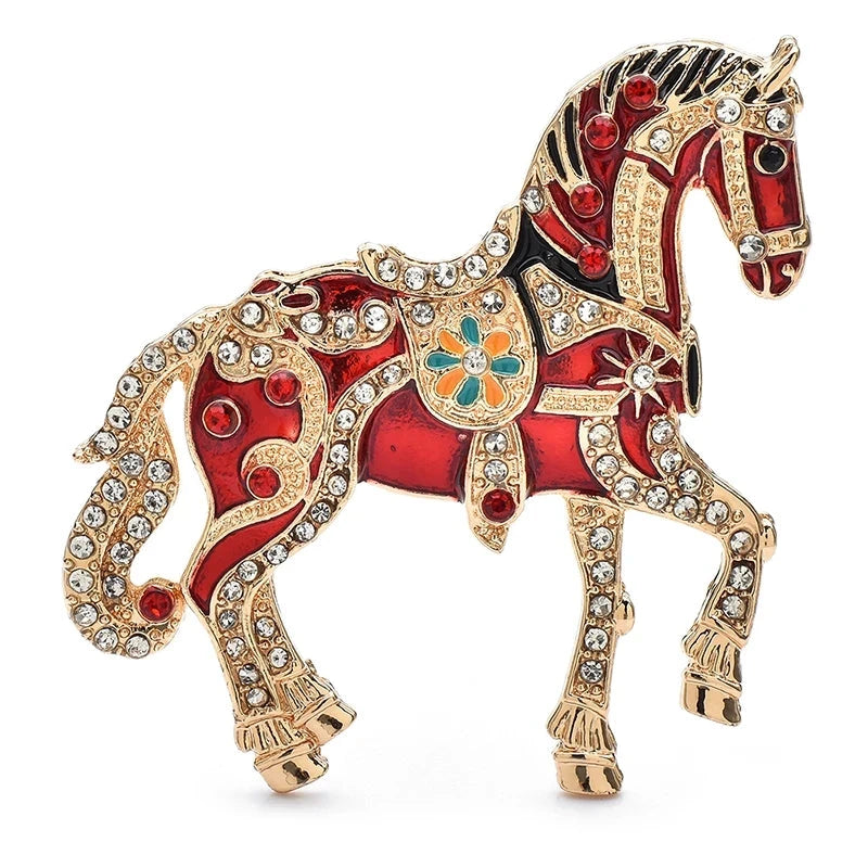 Jeweled Prancing Horse Brooch — Red