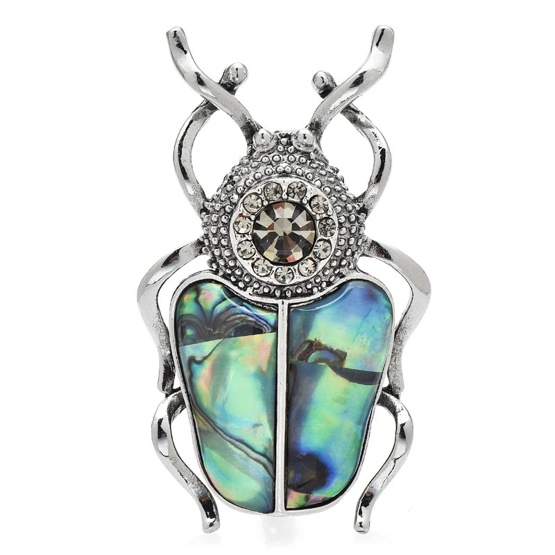Natural Shell Beetle with Jeweled Head Brooch