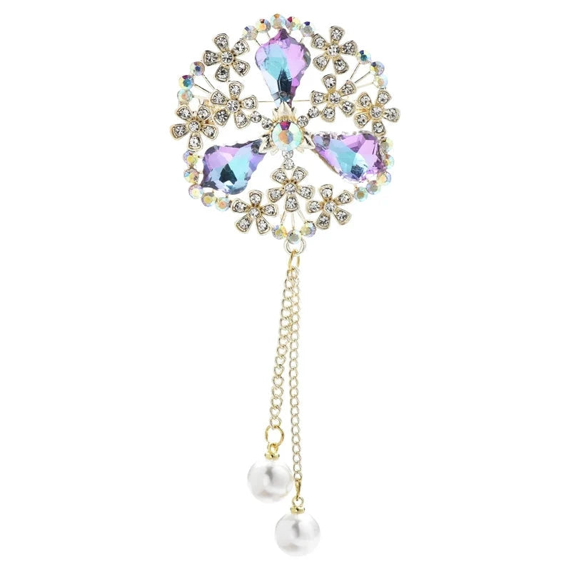 Ornate Faceted Flower with Pearl-Look Tassels Brooch — Purple