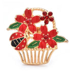 Enamel Flower Basket with Ladybug Brooch — Red