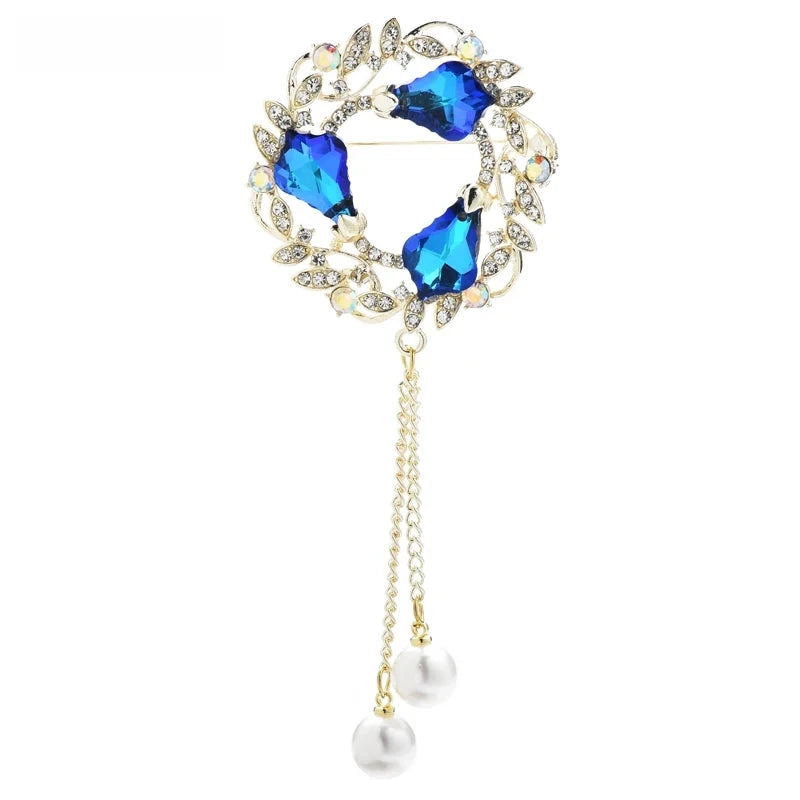 Jeweled Wheat Wreath with Pearl-Look Chain Tassels Brooch — Blue