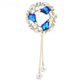 Jeweled Wheat Wreath with Pearl-Look Chain Tassels Brooch — Blue