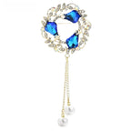 Jeweled Wheat Wreath with Pearl-Look Chain Tassels Brooch — Blue