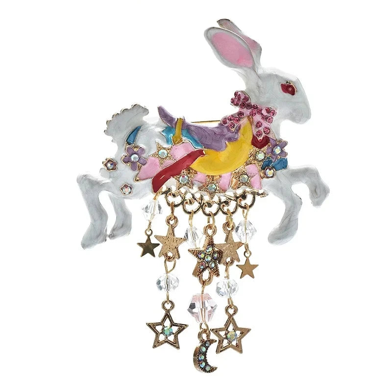 Fantasy White Rabbit with Star and Moon Charms Brooch — White Rabbit
