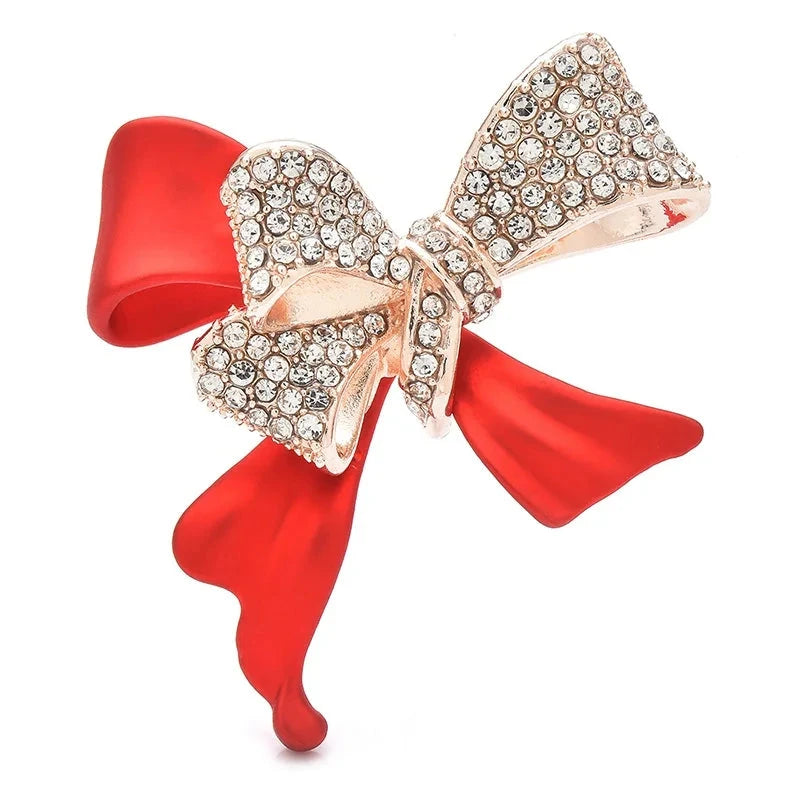 Red Enamel Bow with Rhinestone Loops Brooch — Red Enamel Bow