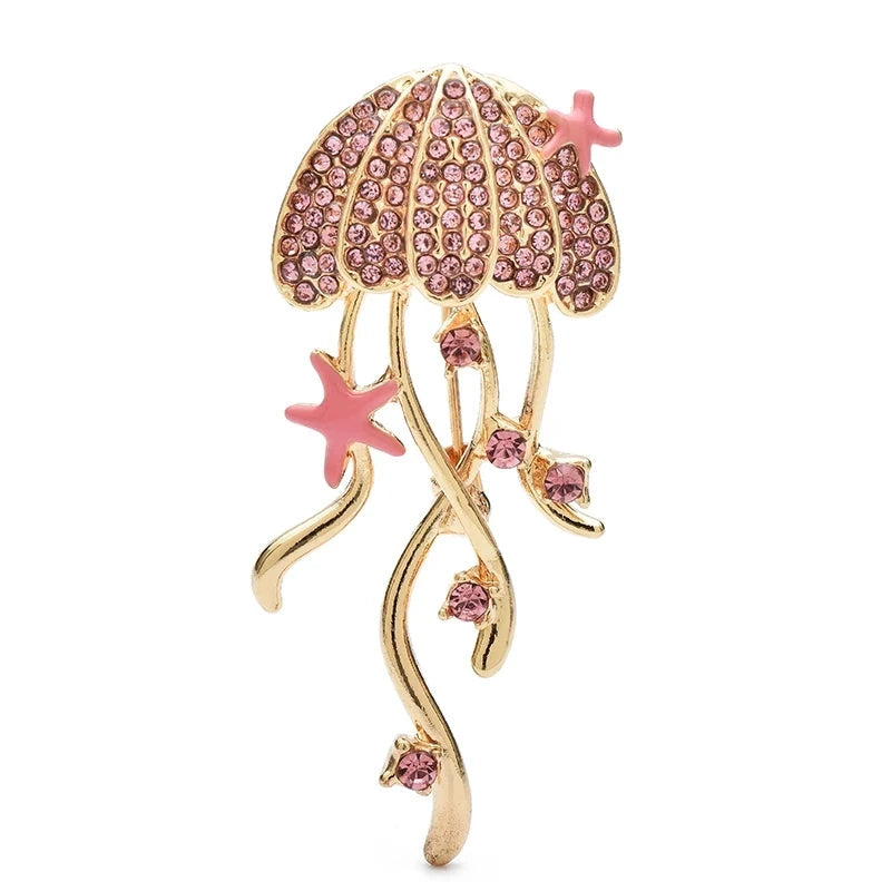 Rhinestone Jellyfish with Flowing Tentacles Brooch — Pink