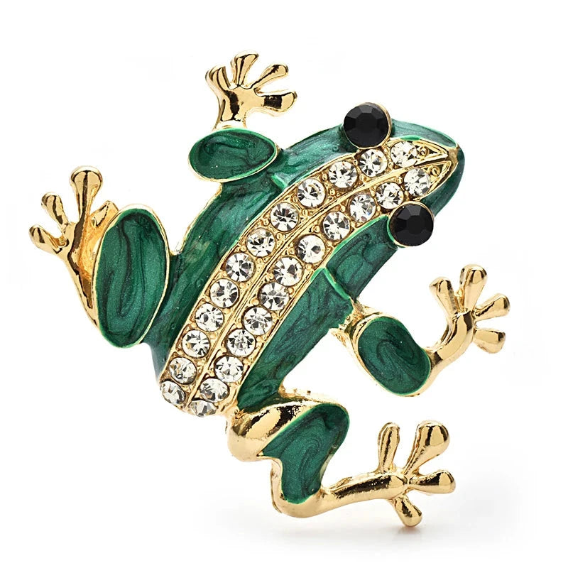 Green Enamel Frog with Rhinestone Stripe Brooch — Green Frog