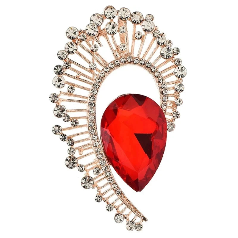 Faceted Teardrop with Baguette Halo Brooch — Red