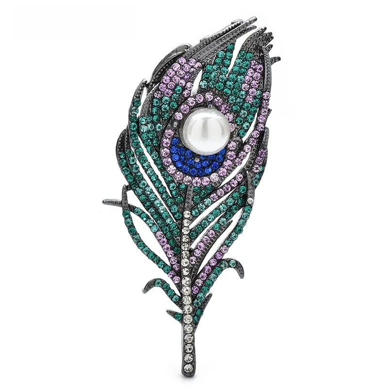 Jeweled Peacock Feather with Pearl-Look Center Brooch — Green & Purple